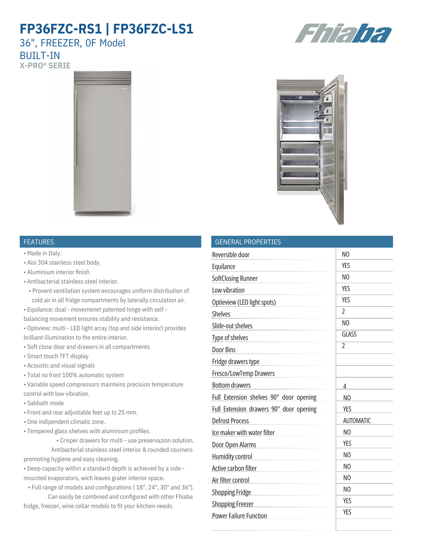 Fhiaba X-Pro Series 36" Built-In Professional Column Freezer with Ice Maker (FP36FZC)