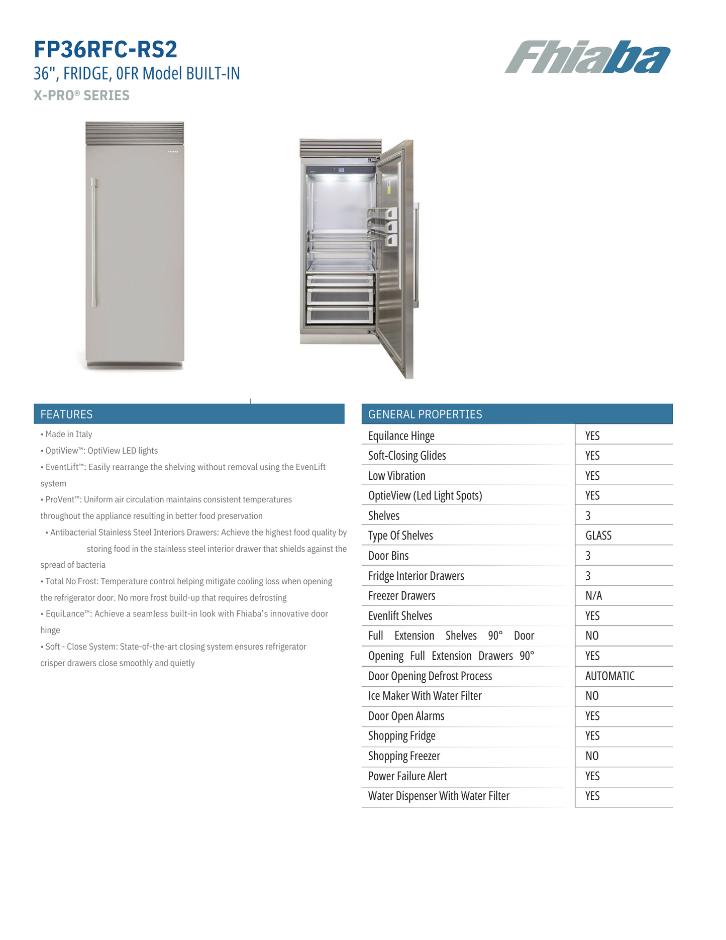 Fhiaba X-Pro Series 36" Built-In Professional Column Refrigerator with Water Dispenser (FP36RFC)