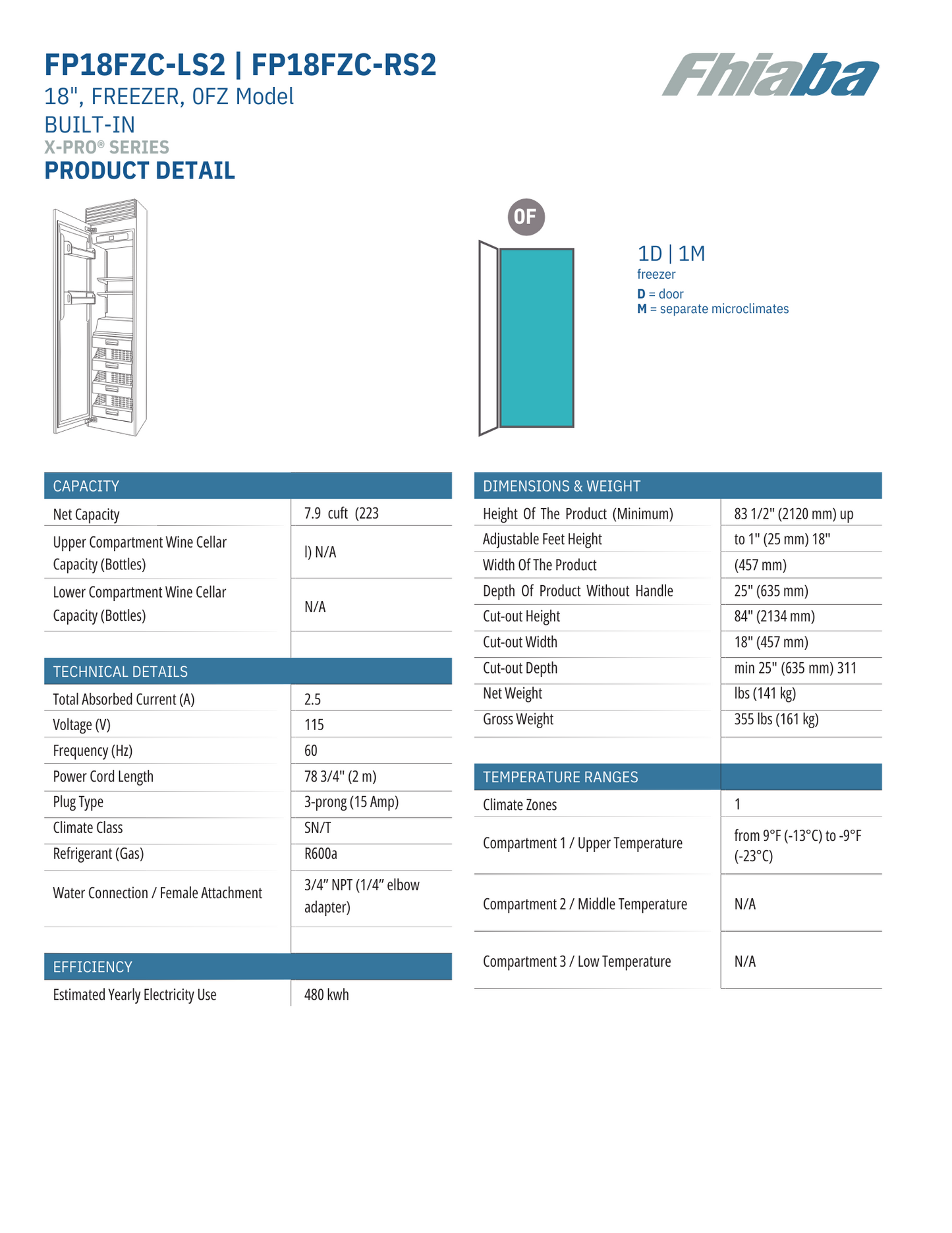 Fhiaba X-Pro Series 18" Built-In Professional Column Freezer with Ice Maker (FP18FZC)