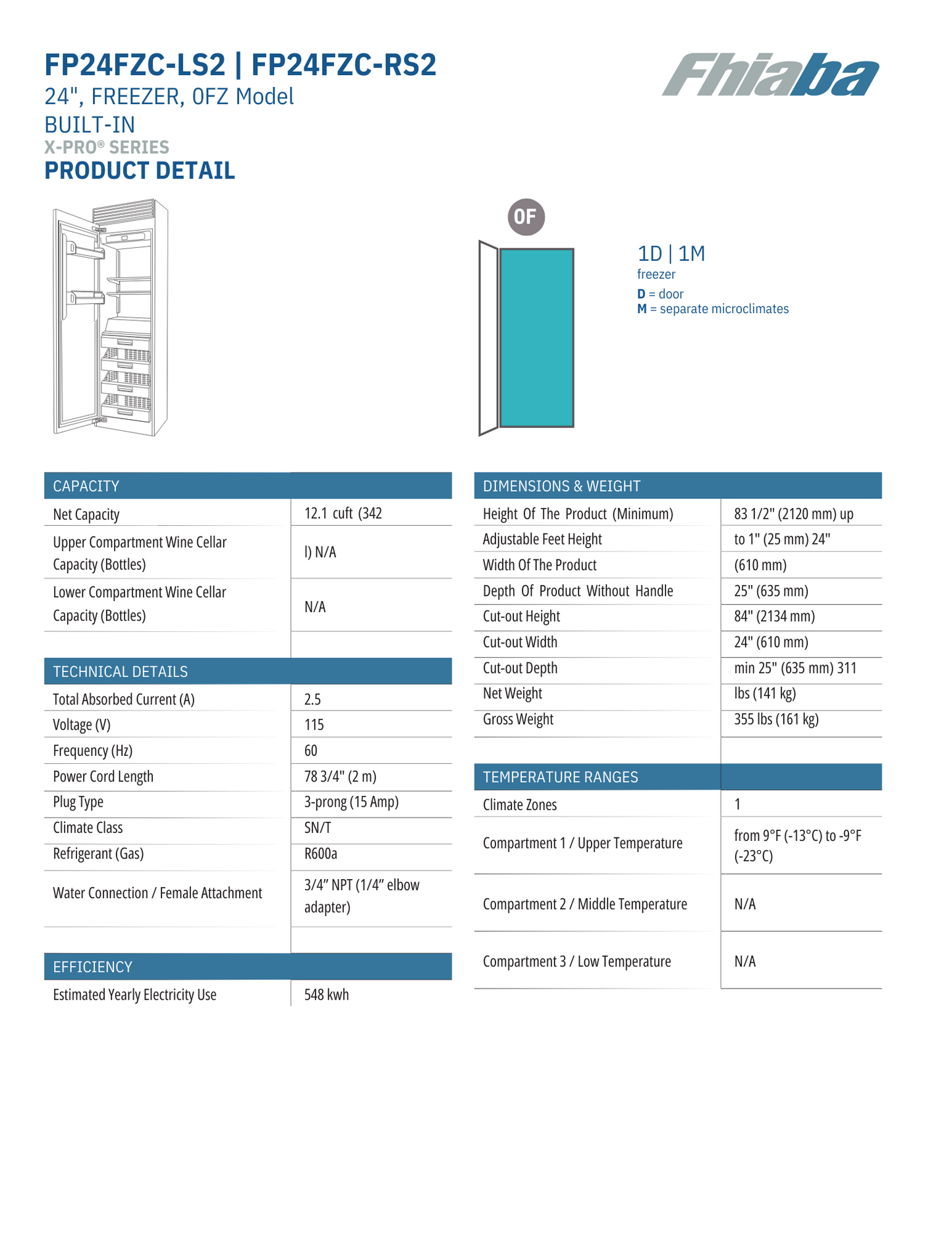 Fhiaba X-Pro Series 24" Built-In Professional Column Freezer with Ice Maker (FP24FZC)