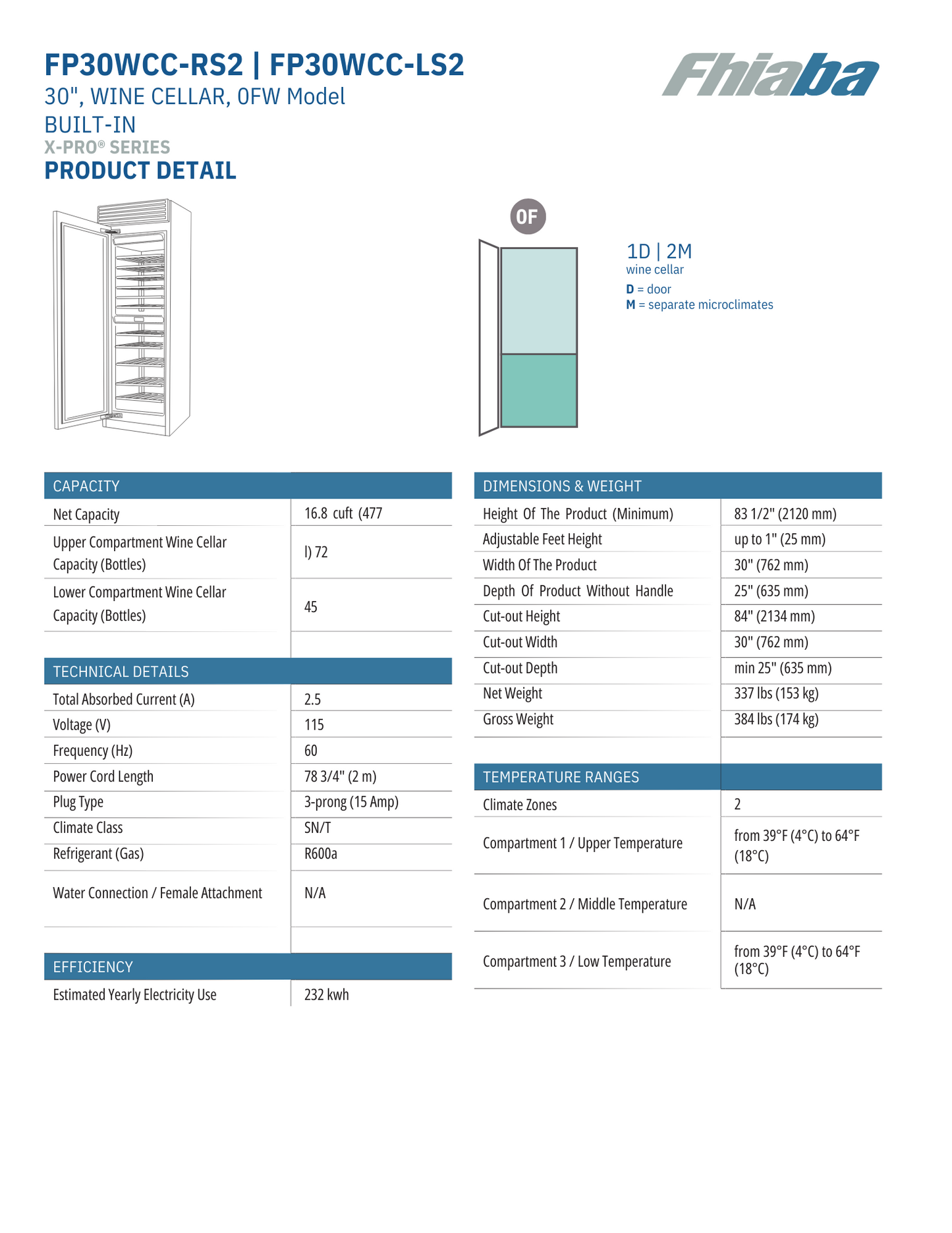 Fhiaba X-Pro Series 30" 117 Bottle Capacity Built-In Top Compressor Professional Column Wine Cellars (FP30WCC)