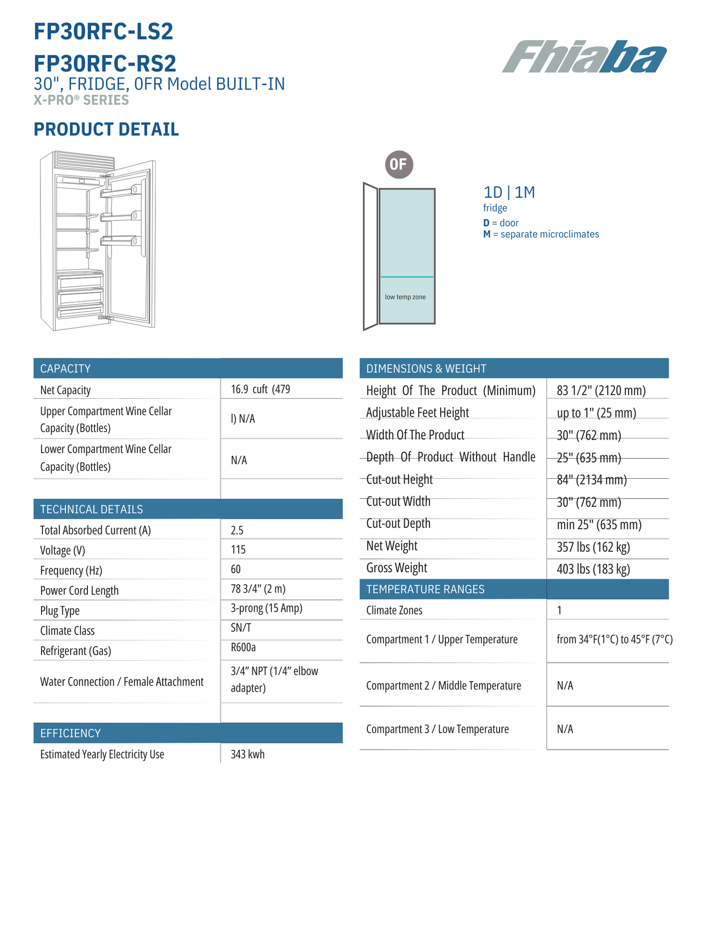 Fhiaba X-Pro Series 30" Built-In Professional Column Refrigerator with Water Dispenser (FP30RFC)