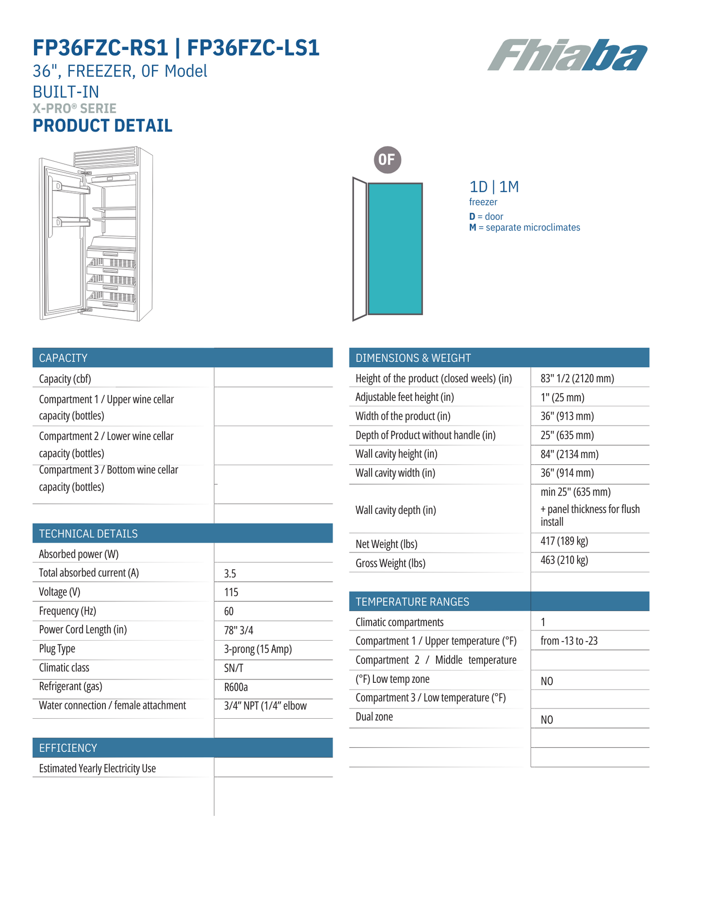 Fhiaba X-Pro Series 36" Built-In Professional Column Freezer with Ice Maker (FP36FZC)