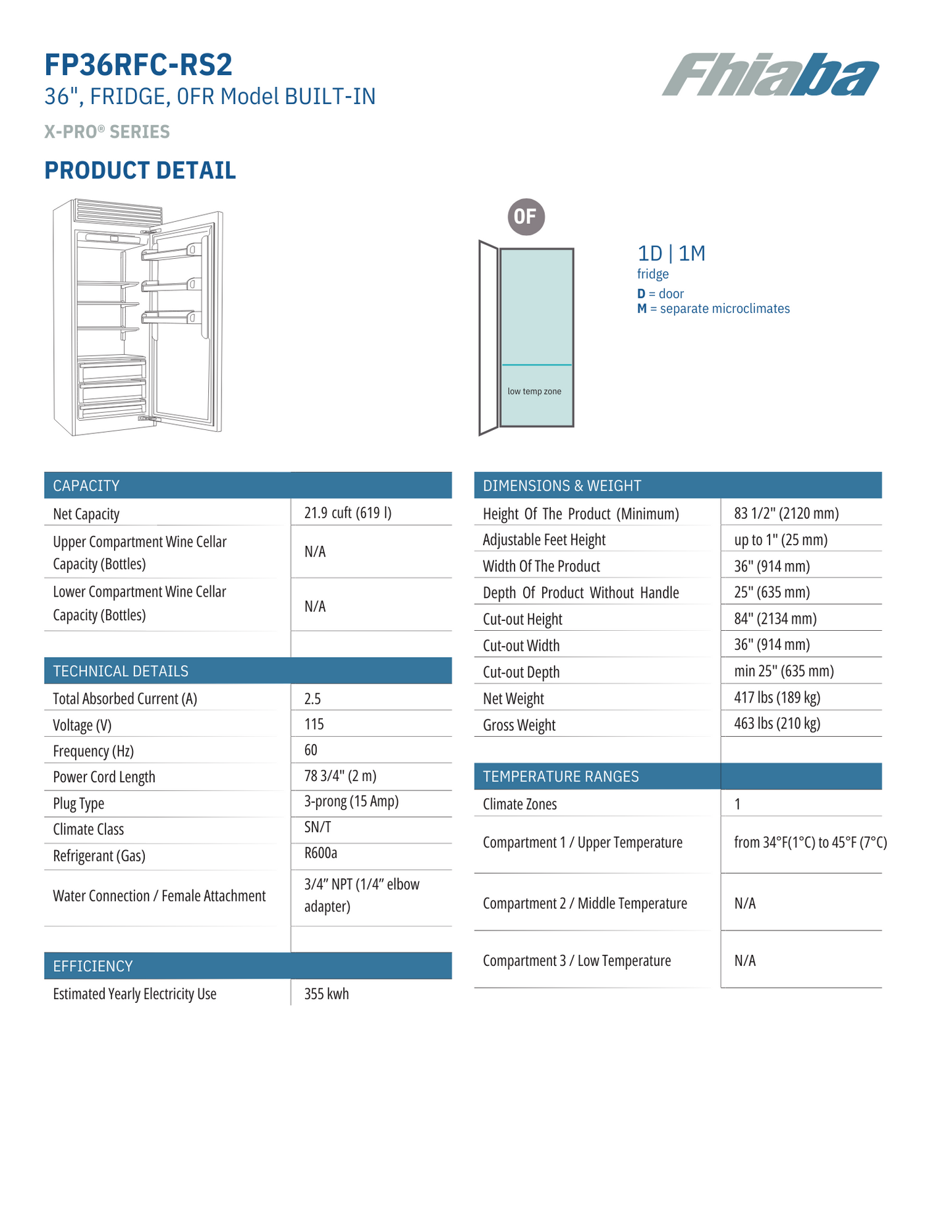 Fhiaba X-Pro Series 36" Built-In Professional Column Refrigerator with Water Dispenser (FP36RFC)