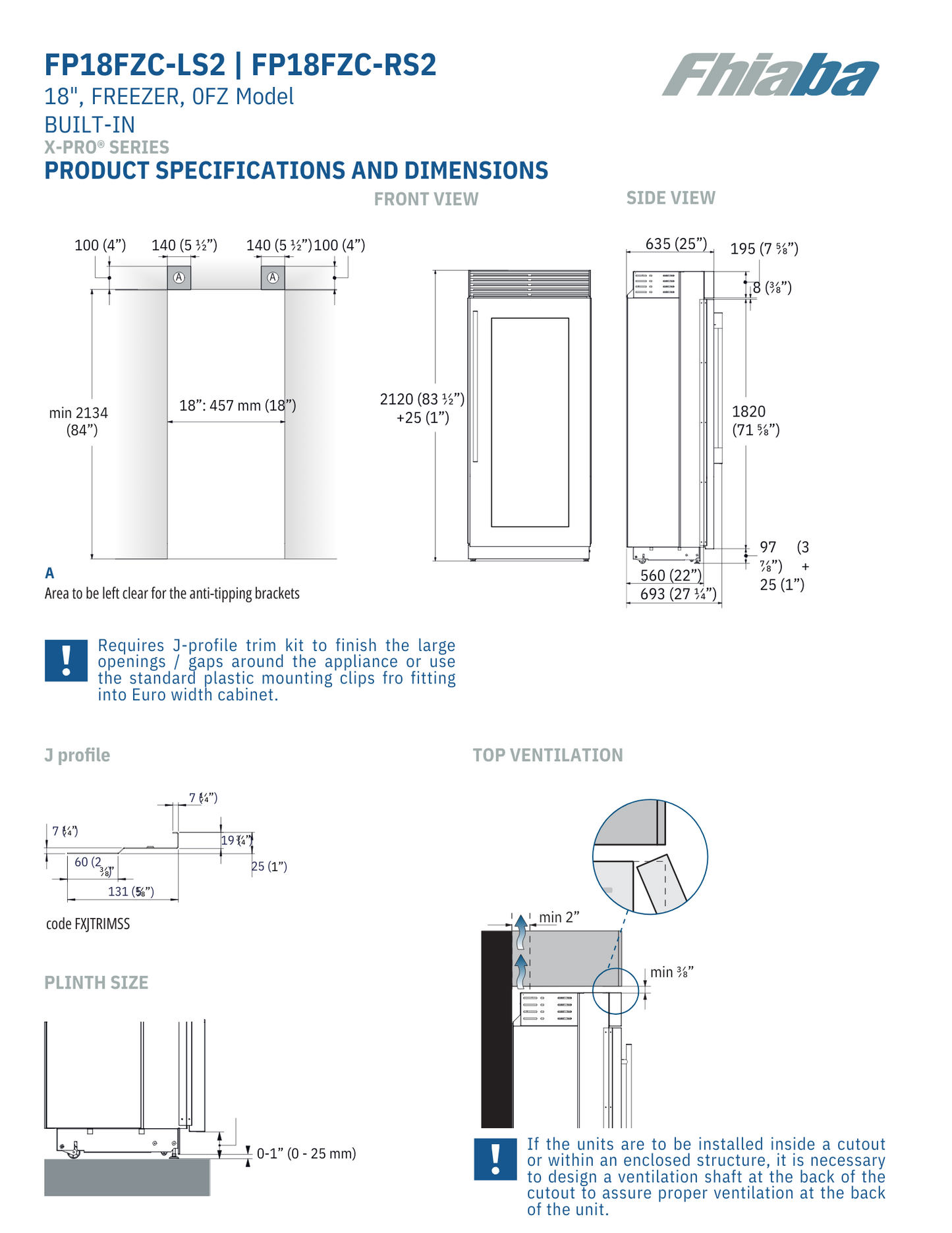 Fhiaba X-Pro Series 18" Built-In Professional Column Freezer with Ice Maker (FP18FZC)