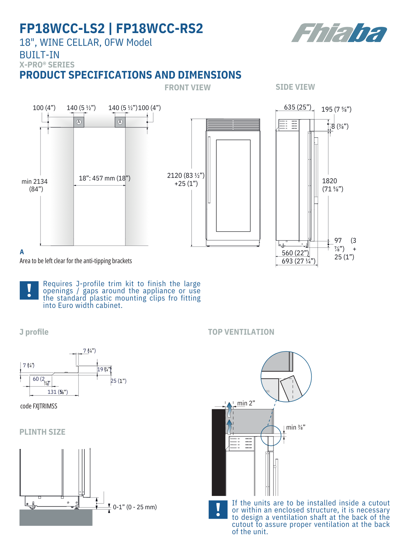 Fhiaba X-Pro Series 18" 52 Bottle Capacity Built-In Top Compressor Professional Column Wine Cellars (FP18WCC)