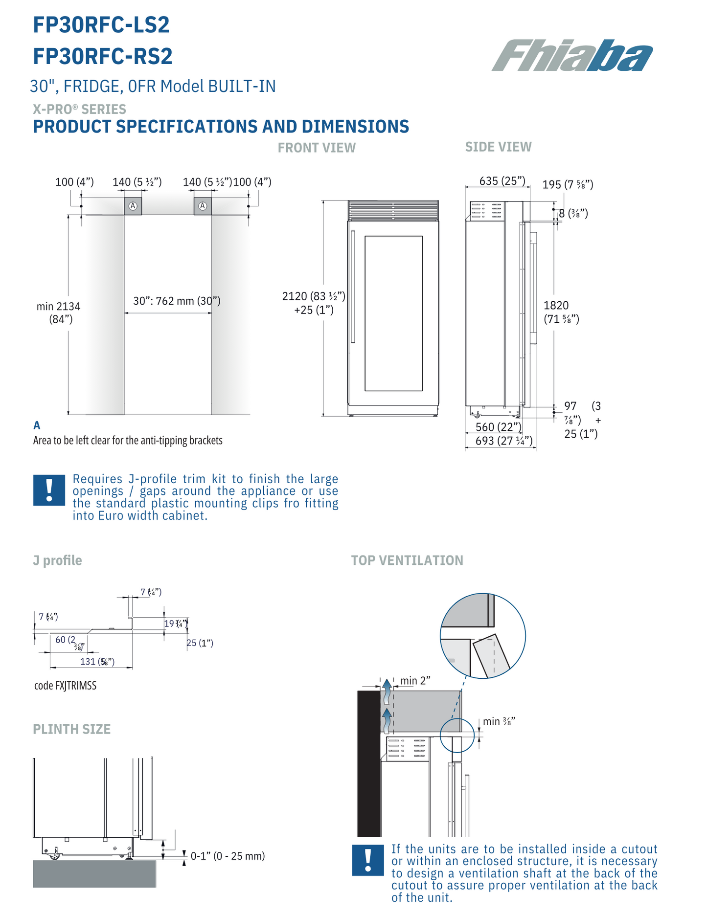 Fhiaba X-Pro Series 30" Built-In Professional Column Refrigerator with Water Dispenser (FP30RFC)