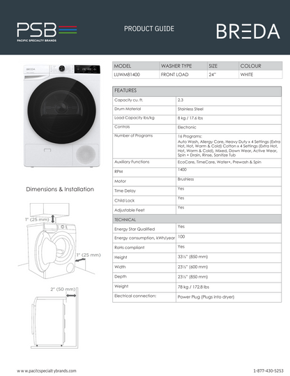 Breda 24in. Laundry Washing Machine 8 KG/17.6 lb load capacity (LUWM 81400)