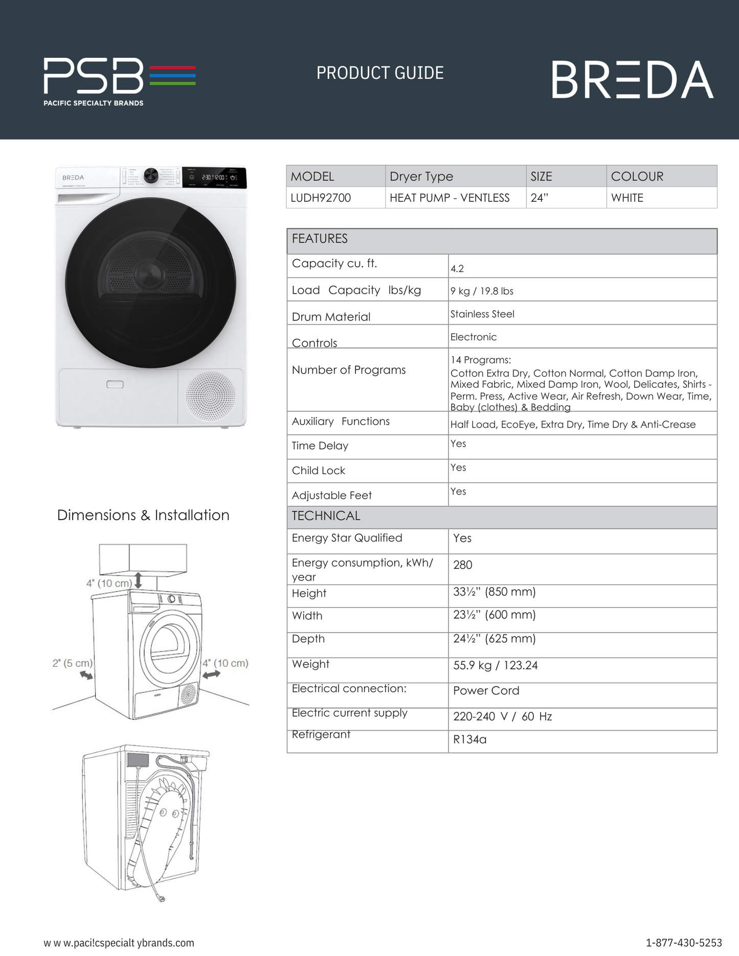 Breda 24in Laundry - 9 KG / 19.8 lb Electric Heat Pump / Ventless Dryer (LUDH92700)