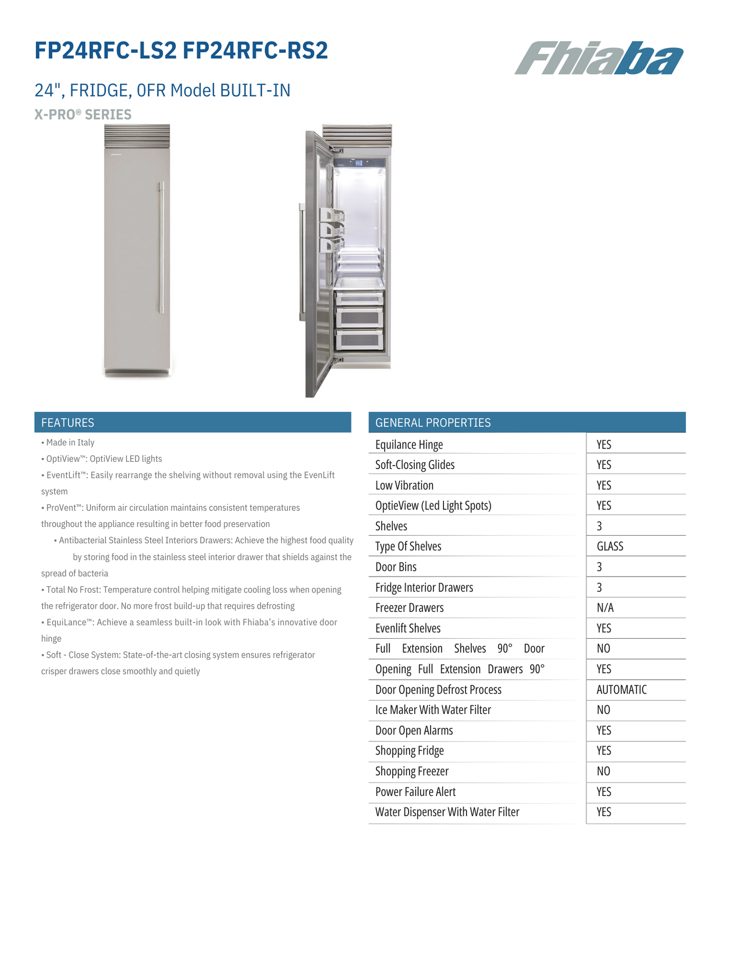 Fhiaba X-Pro Series 24" Built-In Professional Column Refrigerator with Water Dispenser (FP24RFC)