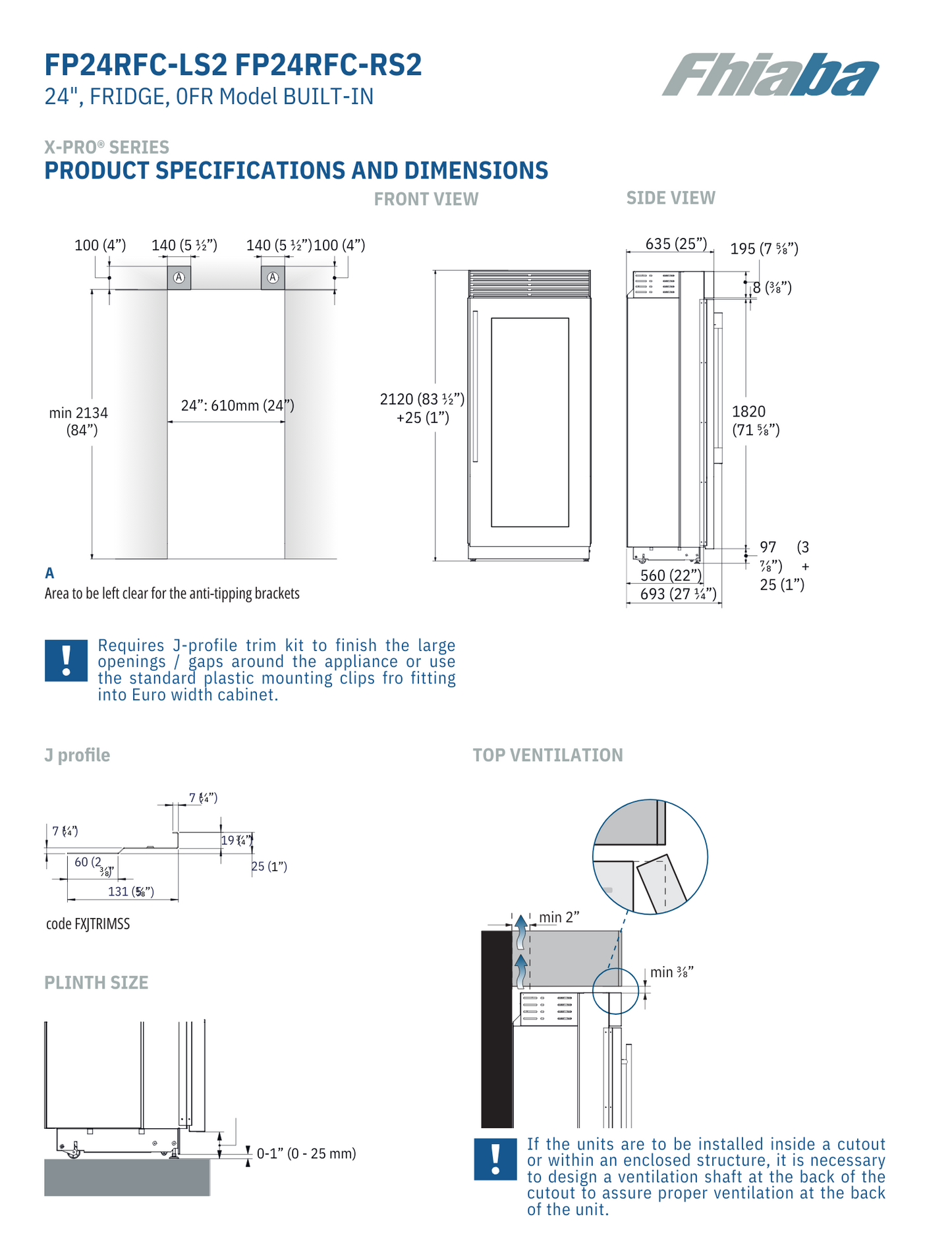 Fhiaba X-Pro Series 24" Built-In Professional Column Refrigerator with Water Dispenser (FP24RFC)