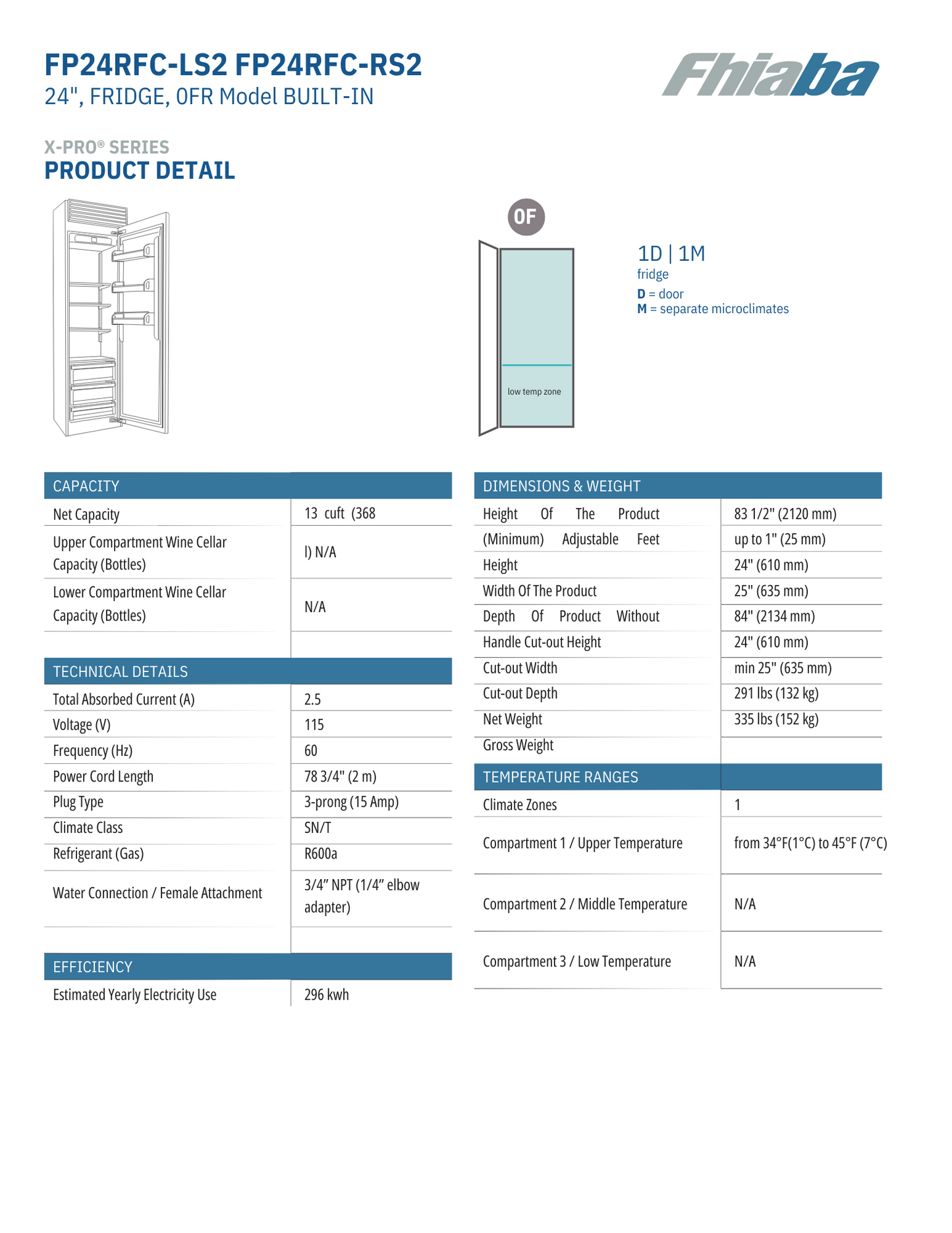 Fhiaba X-Pro Series 24" Built-In Professional Column Refrigerator with Water Dispenser (FP24RFC)