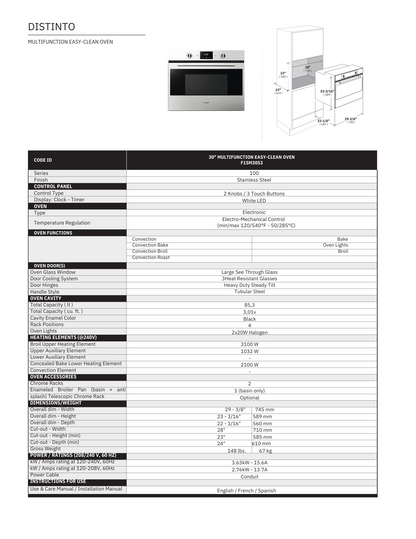 Fulgor Milano 30in Built In Oven Multi-Function Easy Clean Oven (F1SM30S3)