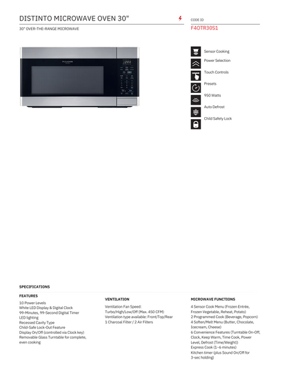 Fulgor Milano Over The Range Microwave (F4OTR30S1)