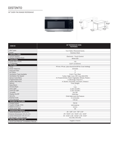 Fulgor Milano Over The Range Microwave (F4OTR30S1)