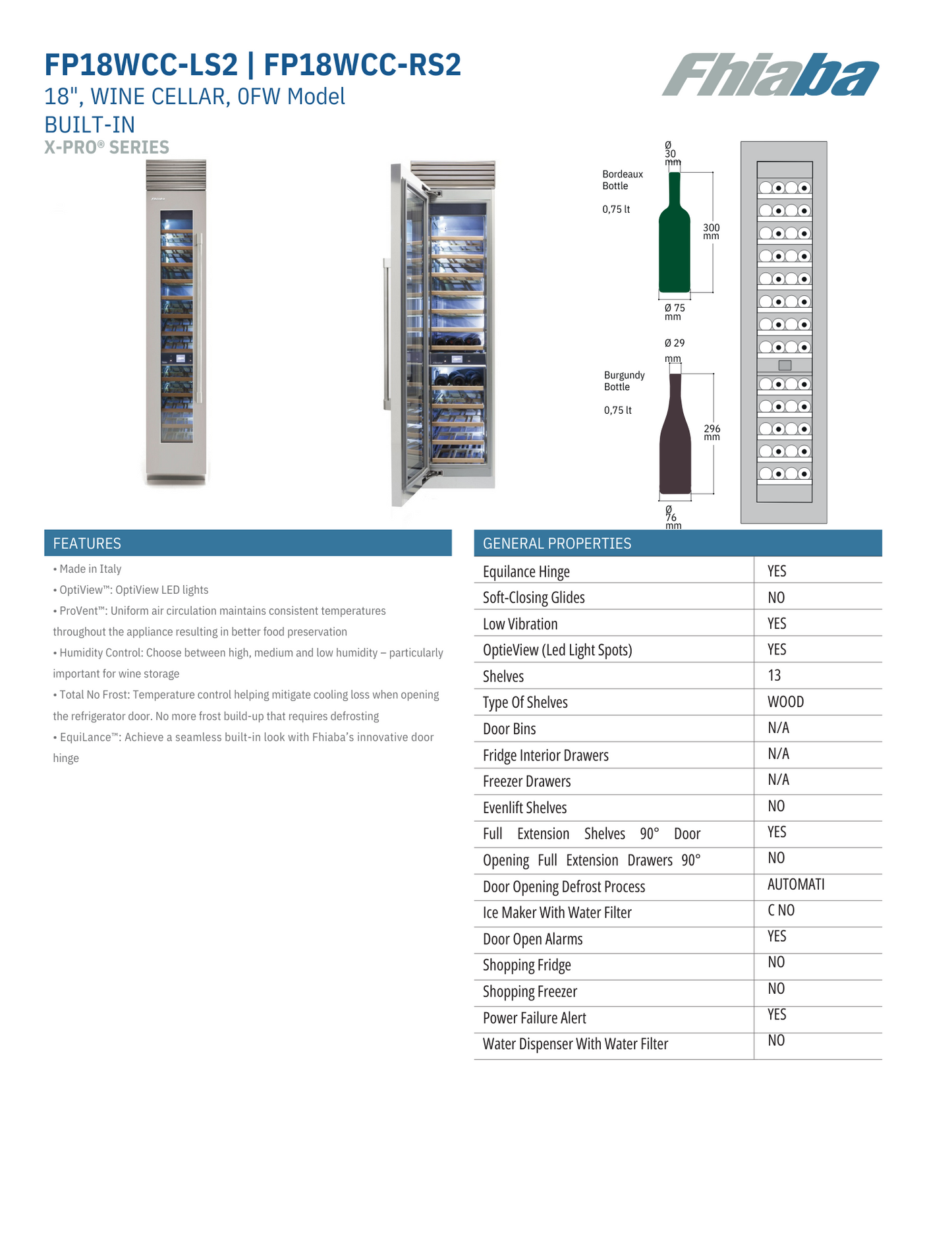 Fhiaba X-Pro Series 18" 52 Bottle Capacity Built-In Top Compressor Professional Column Wine Cellars (FP18WCC)