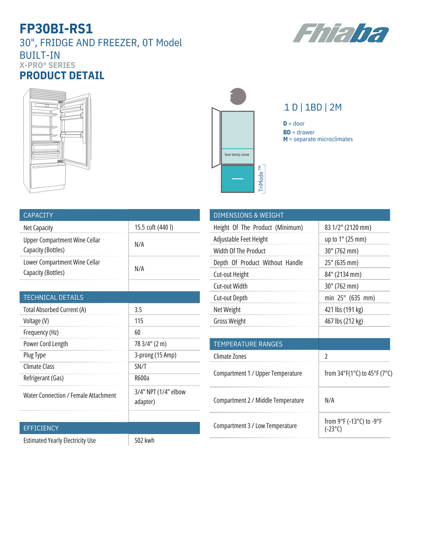 Fhiaba X-Pro Series 30" Built-In Professional Refrigerator and Freezer with Ice Maker (FP30BI)