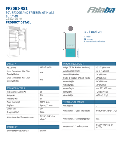 Fhiaba X-Pro Series 30" Built-In Professional Refrigerator and Freezer with Ice Maker (FP30BI)