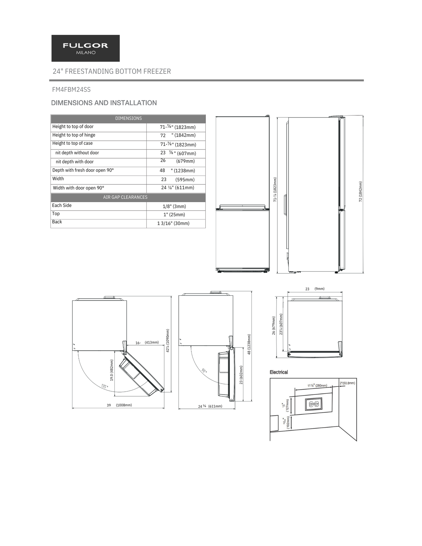 Fulgor Milano 24" Free Standing Refrigerator with Bottom Freezer (FM4FBM24SS1)