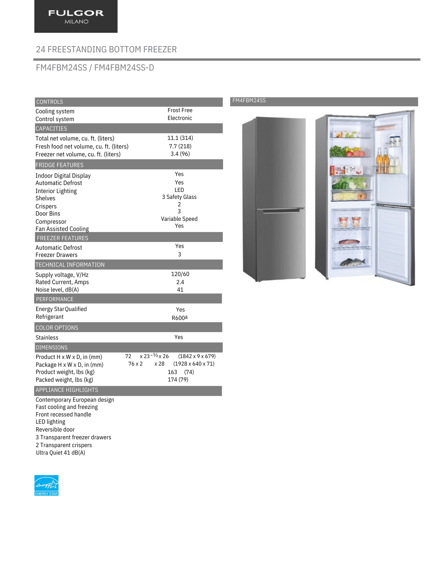 Fulgor Milano 24" Free Standing Refrigerator with Bottom Freezer (FM4FBM24SS1)