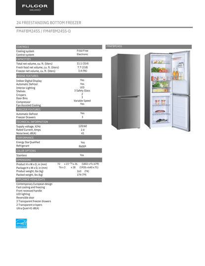 Fulgor Milano 24" Free Standing Refrigerator with Bottom Freezer (FM4FBM24SS1)