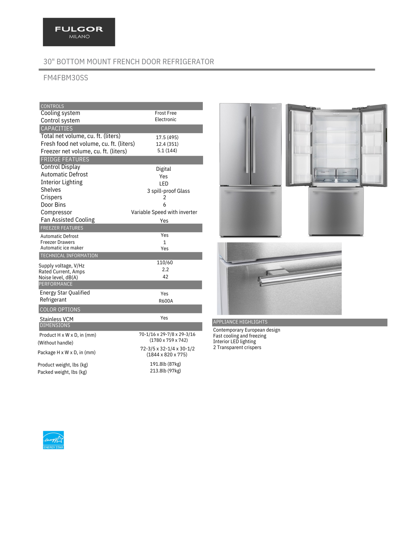 Fulgor Milano 30" Free Standing French Door Refrigerator with Bottom Freezer (FM4FBM30SS)