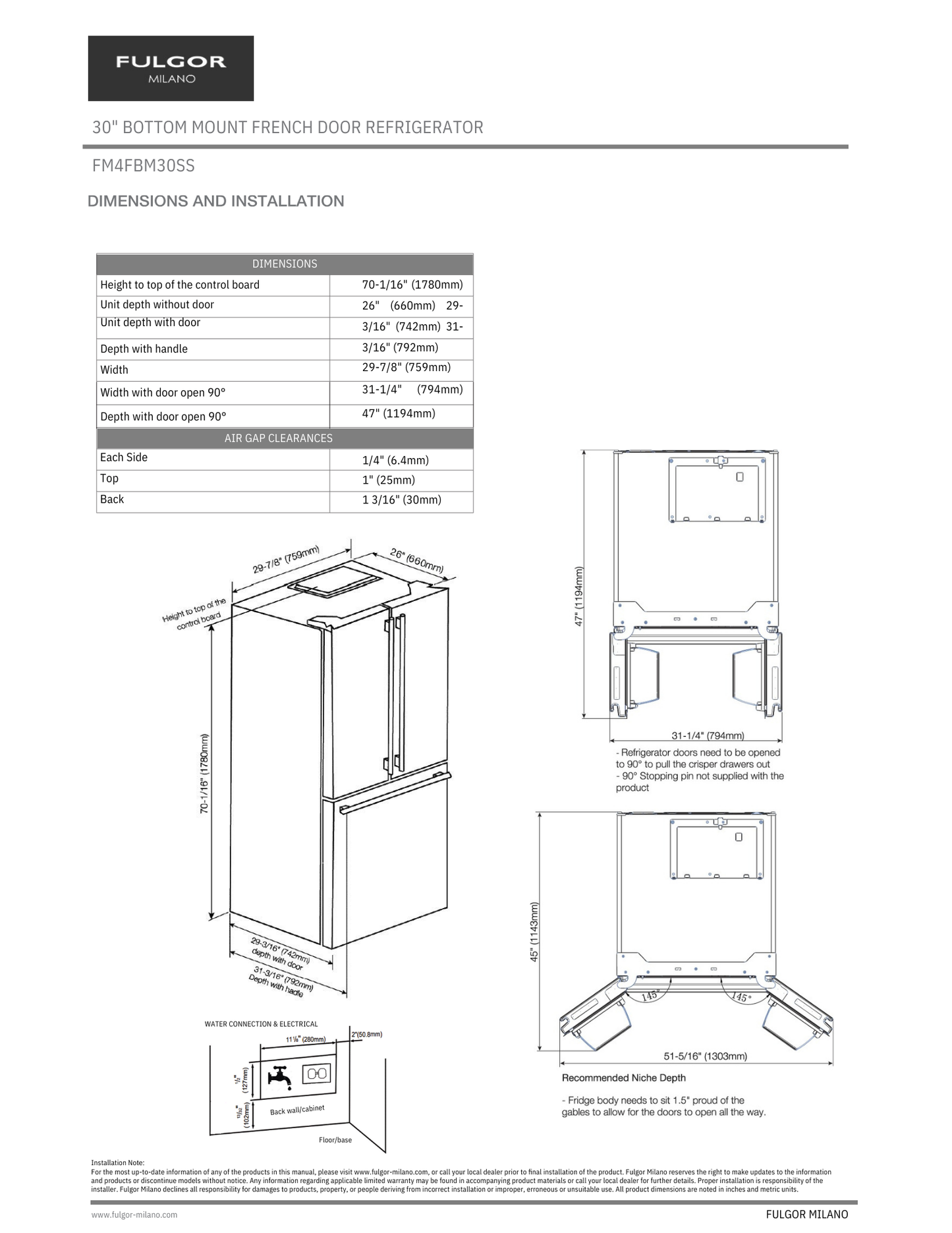 Fulgor Milano 30" Free Standing French Door Refrigerator with Bottom Freezer (FM4FBM30SS)