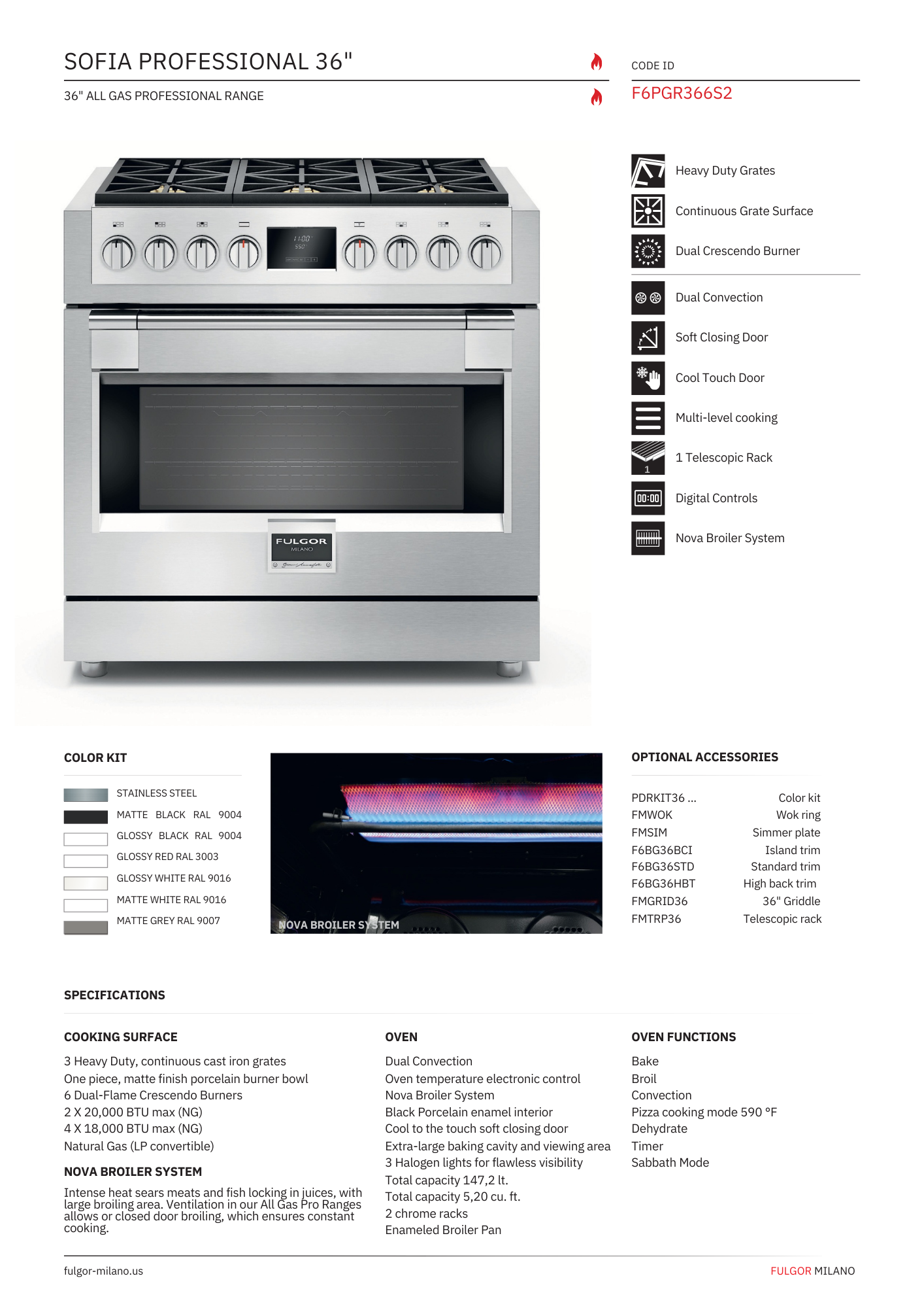 Fulgor Milano 36 in. 600 Series Pro All Gas Range with 6 Burners (F6PGR366S2)