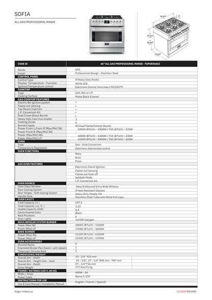 Fulgor Milano 36 in. 600 Series Pro All Gas Range with 6 Burners (F6PGR366S2)