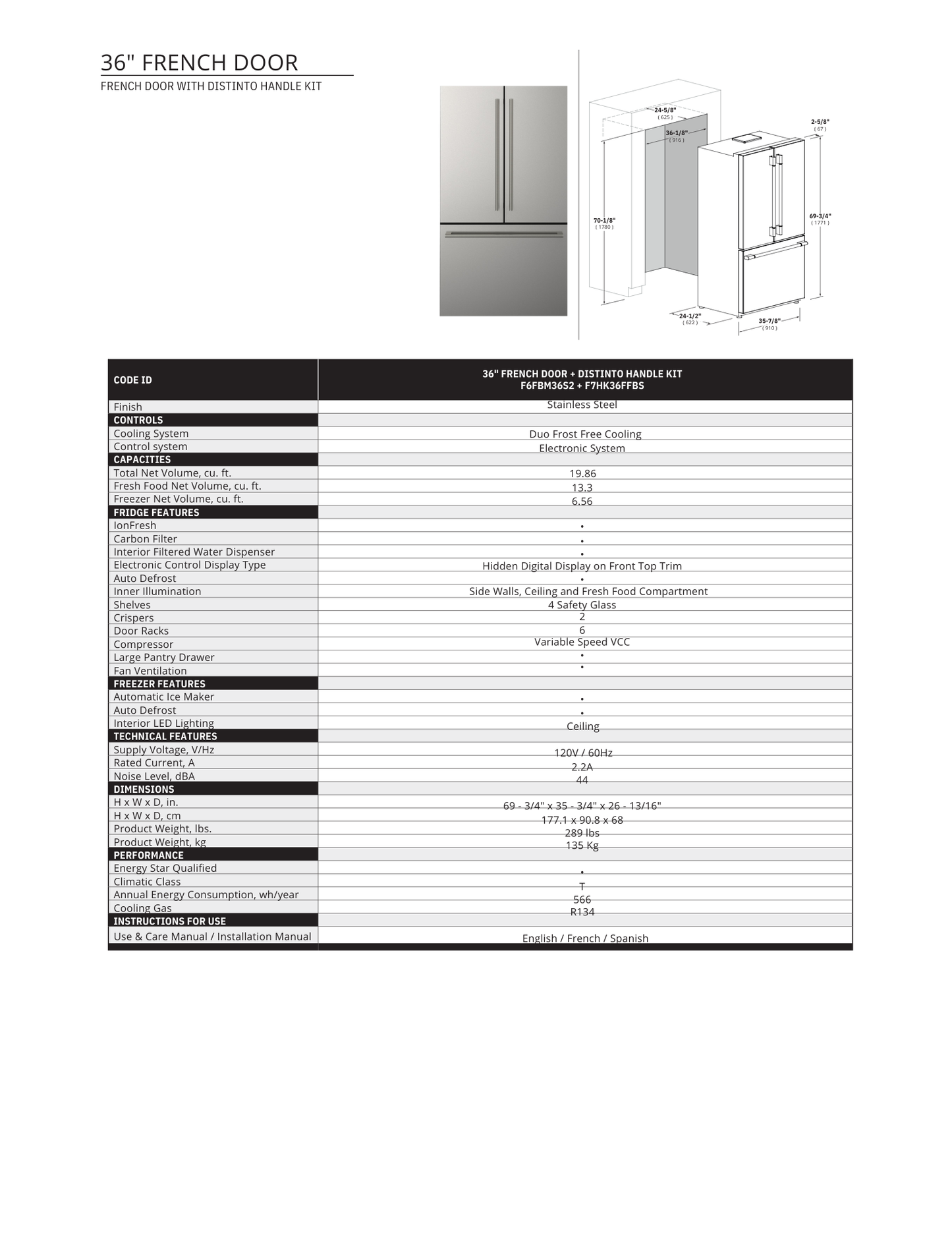 Fulgor Milano 36" Free Standing French Door Refrigerator with Bottom Freezer (F6FBM362S)