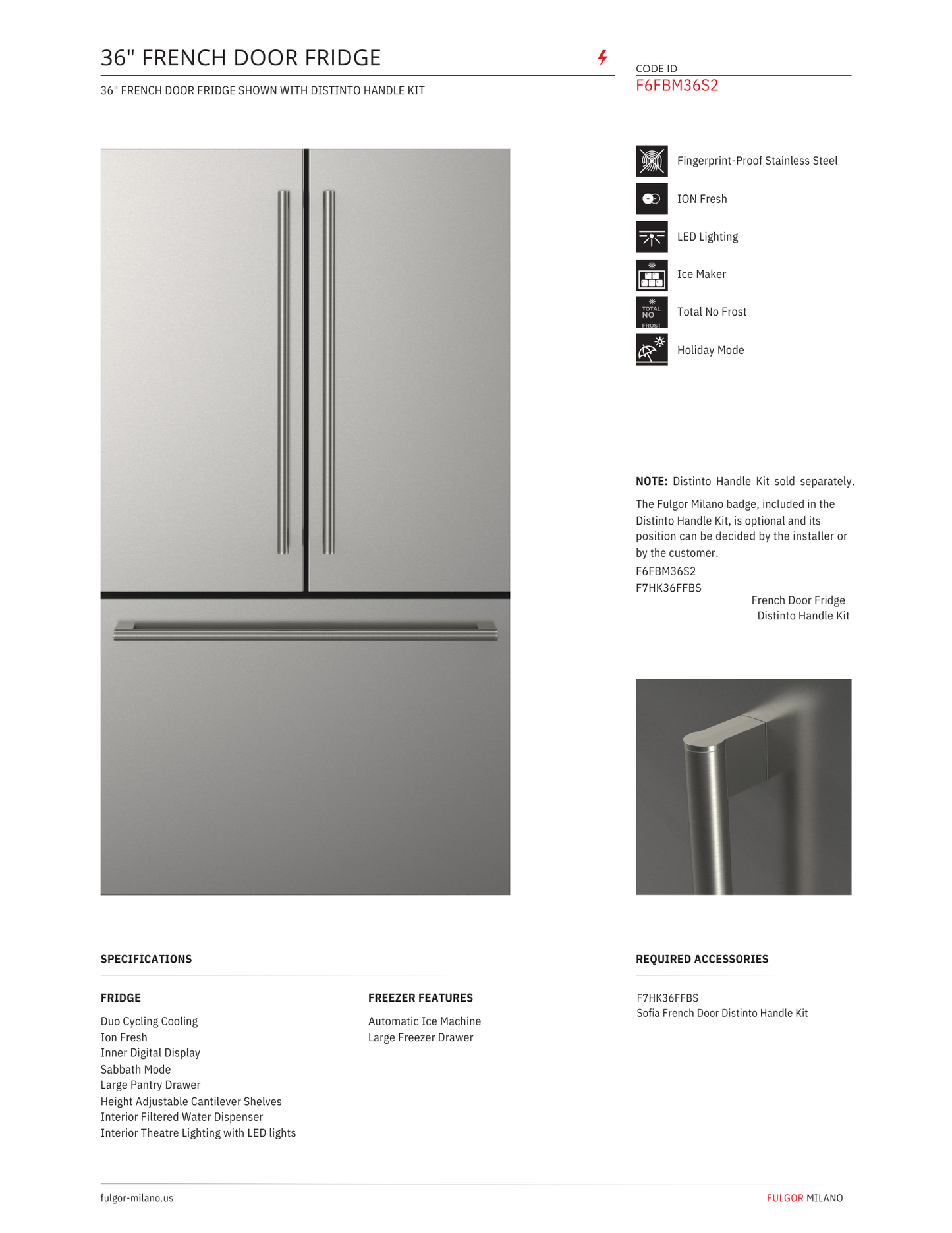 Fulgor Milano 36" Free Standing French Door Refrigerator with Bottom Freezer (F6FBM362S)