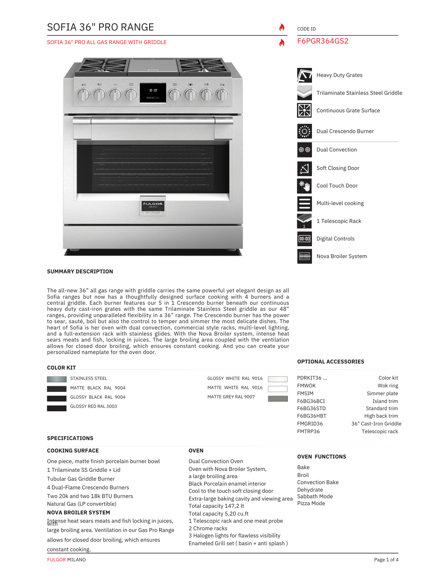 Fulgor Milano 36 in. 600 Series Pro All Gas Range with Griddle and 4 Burners (F6PGR364GS2)