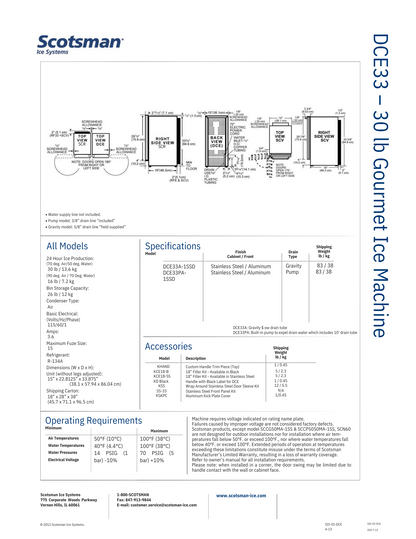 Scotsman Under Counter Gourmet Ice Machine 30lb 15" Automatic (DCE33)