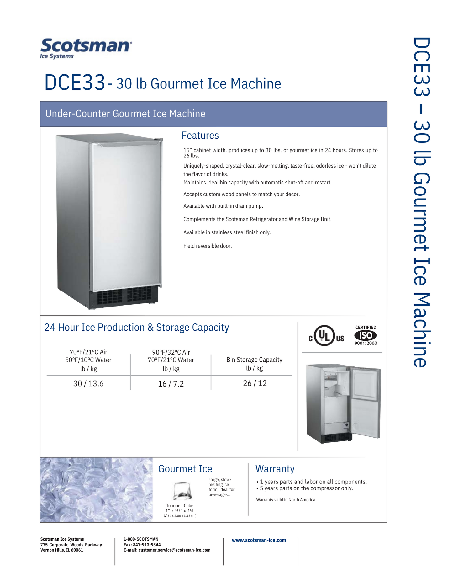 Scotsman Under Counter Gourmet Ice Machine 30lb 15" Automatic (DCE33)