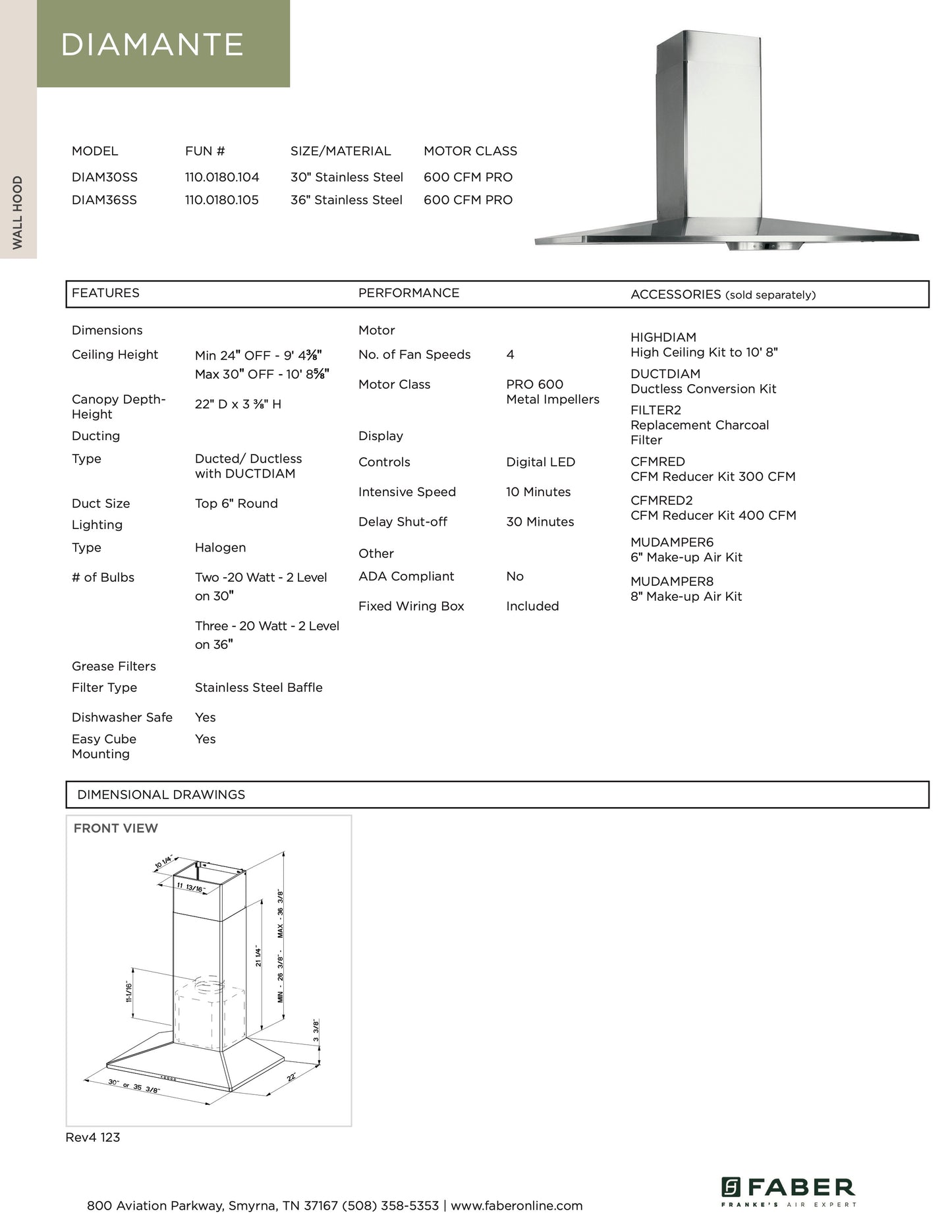 Faber Diamante Wall Canopy Hood 30" 36"