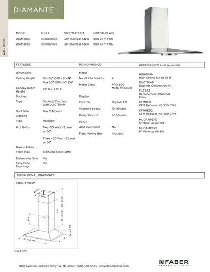 Faber Diamante Wall Canopy Hood 30" 36"